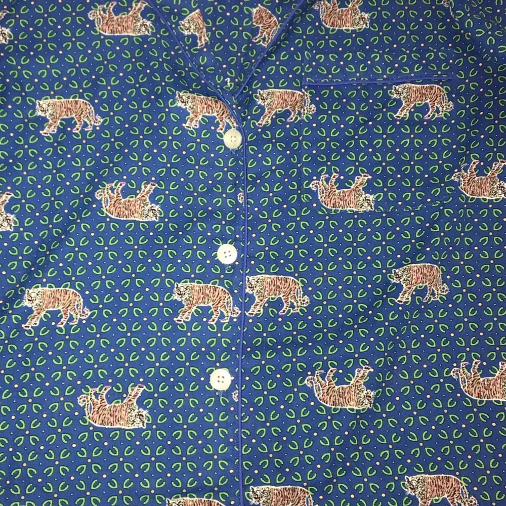 J. Crew Blue Printed Button-Up Blouse with Tan Accent